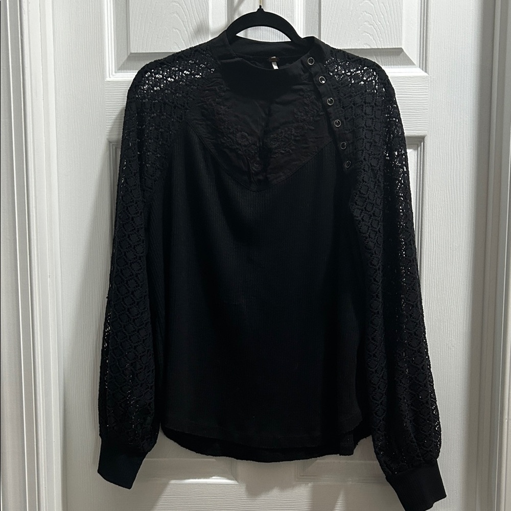 Free People Black Lace Sleeve Blouse